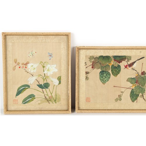 43 - Property of a gentleman - a set of four Chinese paintings on silk depicting birds among flowering sh... 