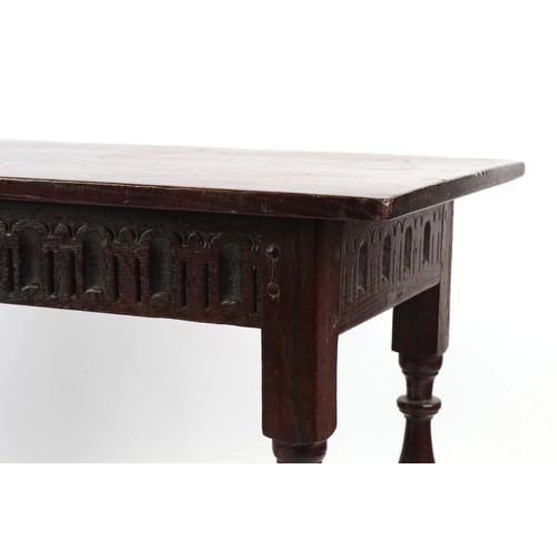 184 - Property of a lady - an oak rectangular topped side table with carved frieze, parts 17th century, 40... 