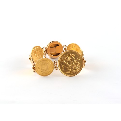 108 - Property of a lady - an unmarked 18ct yellow gold (tested) coin bracelet, the seven coins comprising... 