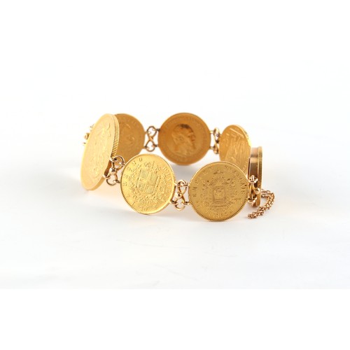 108 - Property of a lady - an unmarked 18ct yellow gold (tested) coin bracelet, the seven coins comprising... 