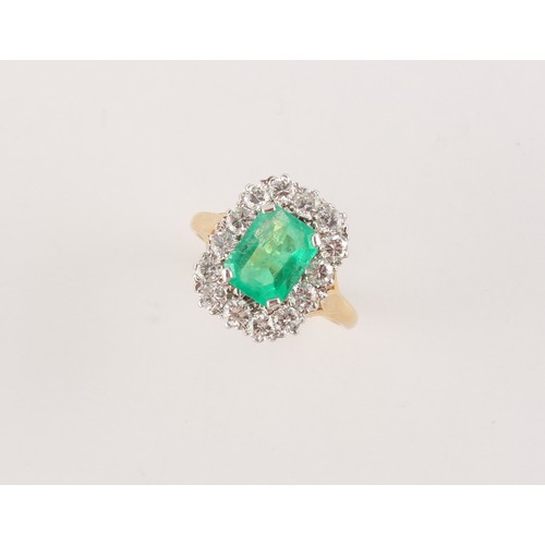 114 - An 18ct yellow gold certificated Colombian emerald & diamond ring, the octagonal mixed cut emerald w... 