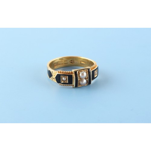 45 - A George IV 15ct gold black enamel & seed pearl mourning ring, hallmarked Chester 1828, size N/O.