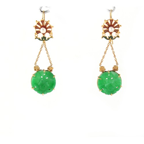 49 - A pair of Chinese yellow gold (tests 18ct) carved jadeite red & green enamel & pearl earrings, each ... 