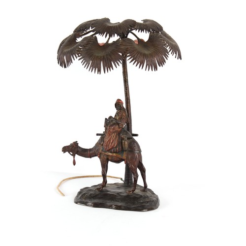 164 - A large early 20th century Austrian cold painted bronze lamp modelled as a Arab Warrior on a Camel b... 