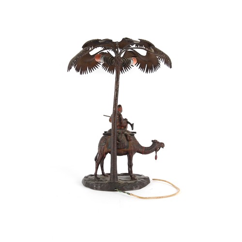 164 - A large early 20th century Austrian cold painted bronze lamp modelled as a Arab Warrior on a Camel b... 