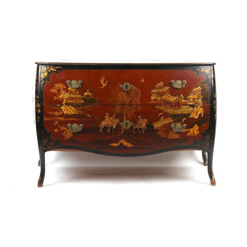 239 - Property of a lady - a Continental red & black lacquer chinoiserie decorated two drawer bombe commod... 