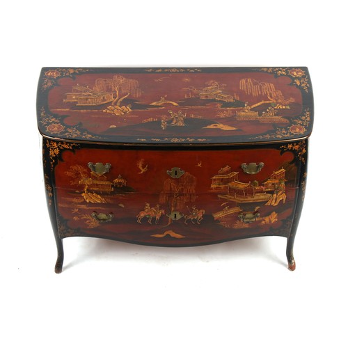 239 - Property of a lady - a Continental red & black lacquer chinoiserie decorated two drawer bombe commod... 