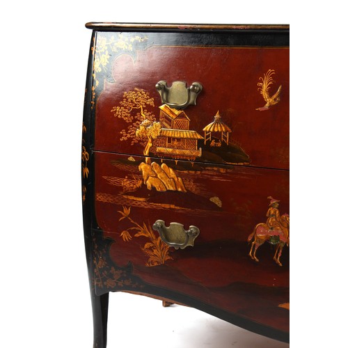 239 - Property of a lady - a Continental red & black lacquer chinoiserie decorated two drawer bombe commod... 