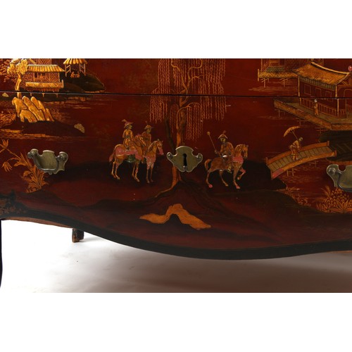 239 - Property of a lady - a Continental red & black lacquer chinoiserie decorated two drawer bombe commod... 