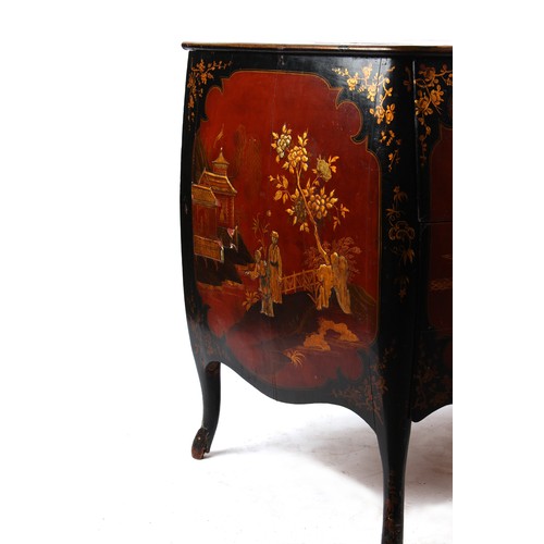 239 - Property of a lady - a Continental red & black lacquer chinoiserie decorated two drawer bombe commod... 