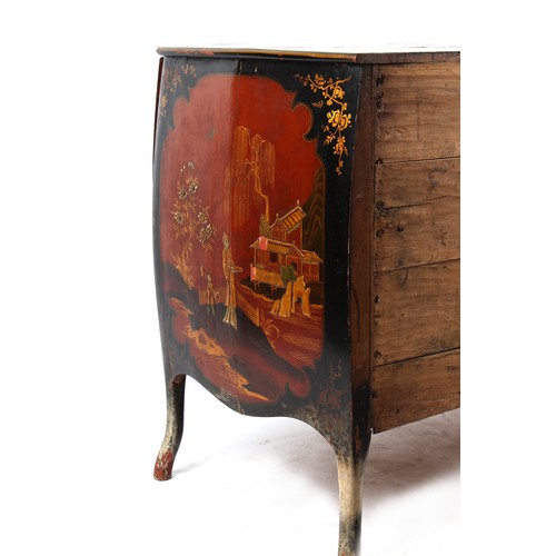 239 - Property of a lady - a Continental red & black lacquer chinoiserie decorated two drawer bombe commod... 