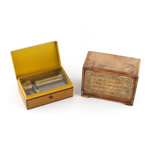 237 - Property of a lady - two small cylinder musical boxes, the larger wooden example playing three airs,... 