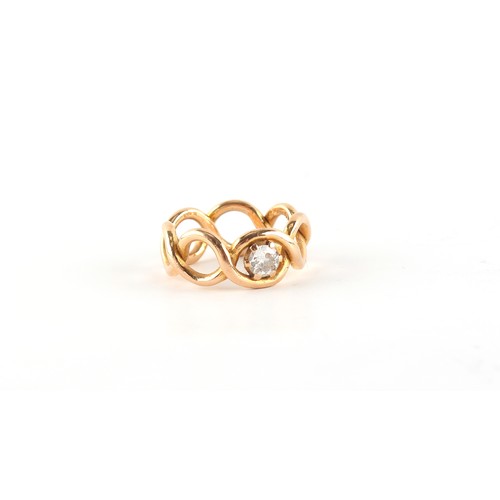 93 - An 18ct yellow gold open weave ring set with a single round brilliant cut diamond weighing approxima... 