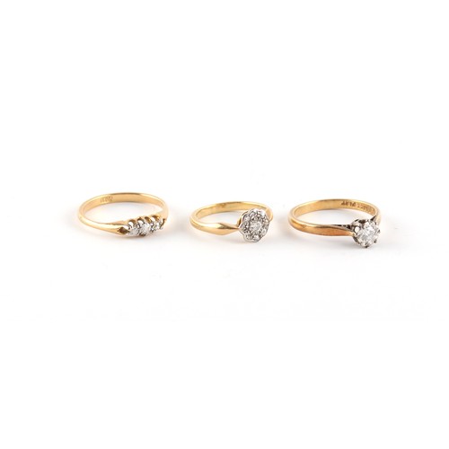 90 - Property of a deceased estate - three 18ct yellow gold diamond rings, approximately 6.8 grams togeth... 