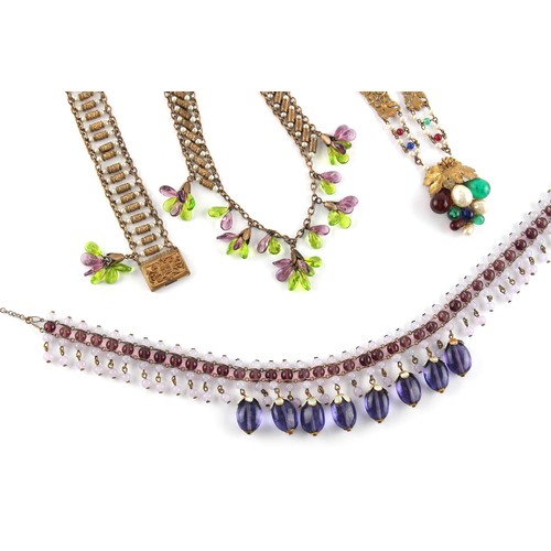 36 - Property of a lady - a French gilt metal & paste faux peridot & faux amethyst fringe necklace, 17ins... 