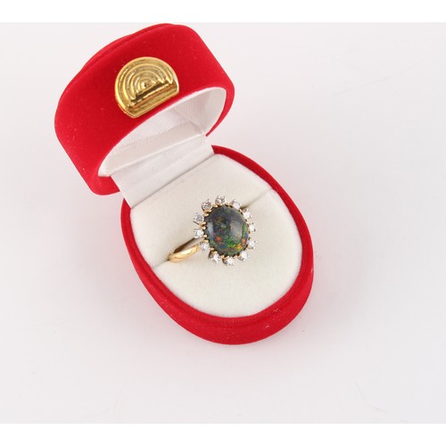 150 - Property of a lady - an 18ct yellow gold black opal & diamond floral cluster ring, the cabochon oval... 