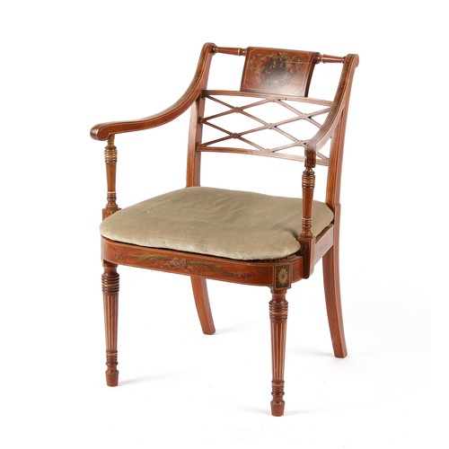 284 - Property of a gentleman - a late Victorian painted satinwood elbow chair, with cane panelled seat & ... 