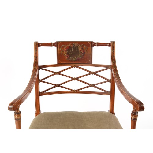 284 - Property of a gentleman - a late Victorian painted satinwood elbow chair, with cane panelled seat & ... 