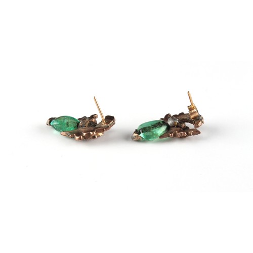 85 - Property of a lady - a pair of 19th century emerald drop & rose-cut diamond earrings, one emerald wi... 