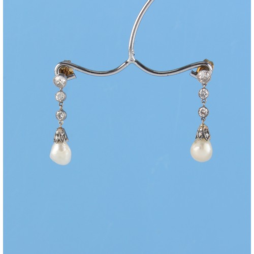 105 - A pair of certificated natural saltwater pearl & diamond pendant earrings, the two pearls measuring ... 