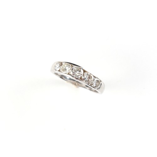 128 - A white gold diamond five stone ring, the five round brilliant cut diamonds weighing a total of appr... 