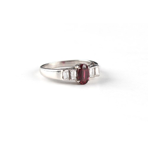 130 - A 14ct white gold certificated ruby & diamond ring, the oval cut untreated Thai ruby weighing approx... 