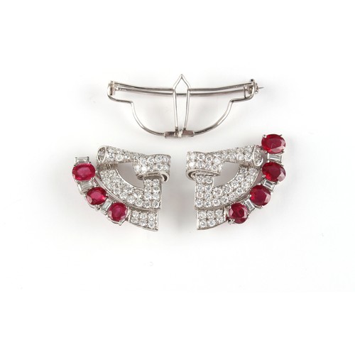 169 - An Art Deco style ruby & diamond double clip brooch, the seven oval cut rubies weighing a total of a... 