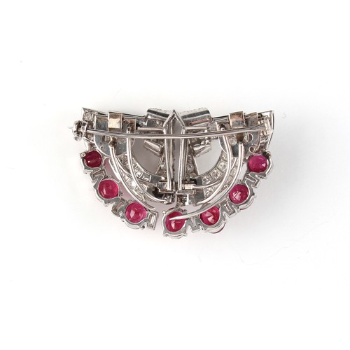 169 - An Art Deco style ruby & diamond double clip brooch, the seven oval cut rubies weighing a total of a... 