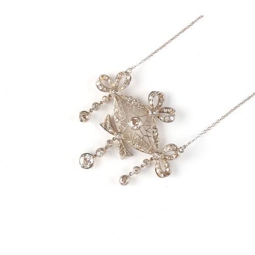 149 - A Belle Epoque style diamond pendant on chain necklace, the round cut diamonds weighing a total of a... 