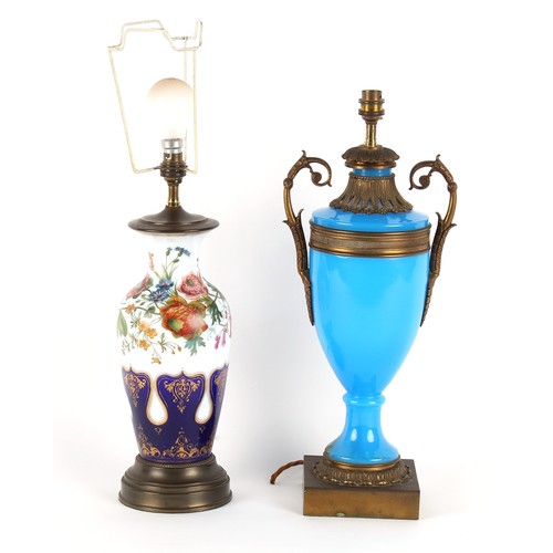 186 - Property of a deceased estate - a late 19th century French gilt metal mounted blue glass table lamp,... 