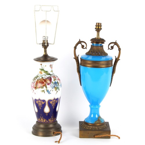 186 - Property of a deceased estate - a late 19th century French gilt metal mounted blue glass table lamp,... 