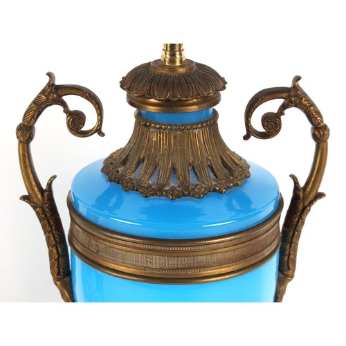 186 - Property of a deceased estate - a late 19th century French gilt metal mounted blue glass table lamp,... 