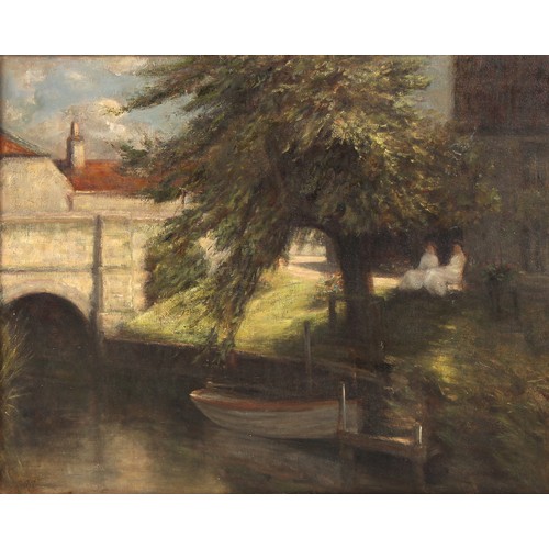 156 - Property of a deceased estate - late 19th century - TWO LADIES ON A BENCH BY A RIVER IN TOWN - oil o... 