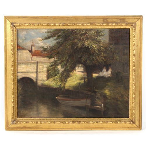 156 - Property of a deceased estate - late 19th century - TWO LADIES ON A BENCH BY A RIVER IN TOWN - oil o... 