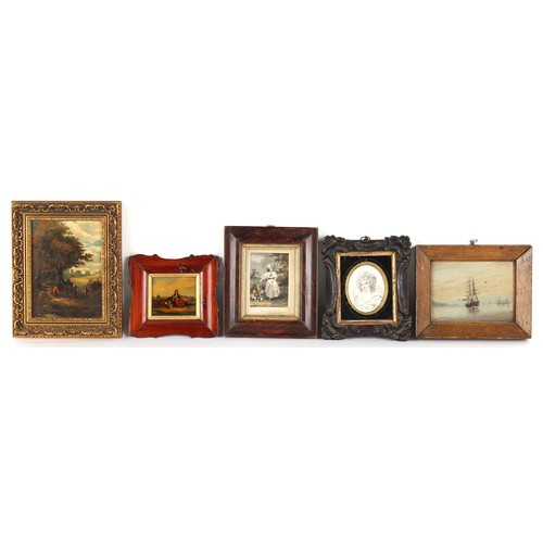 158 - Property of a lady - a group of five decorative pictures including two oils, 19th century & later, t... 