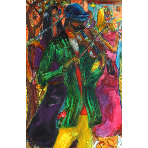 161 - Property of a lady - Sven Berlin (1911-1999) - 'STREET MUSICIANS' - oil on board, 36 by 24ins. (76 b... 