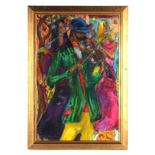 161 - Property of a lady - Sven Berlin (1911-1999) - 'STREET MUSICIANS' - oil on board, 36 by 24ins. (76 b... 