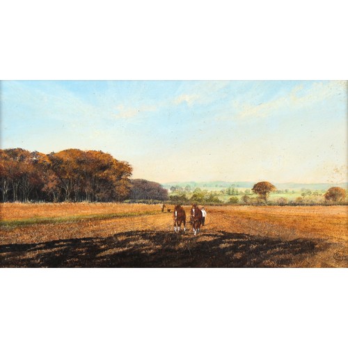 164 - Property of a gentleman - Clive Madgwick (1934-2005) - A PLOUGHING SCENE - oil on board, 6 by 11.25i... 