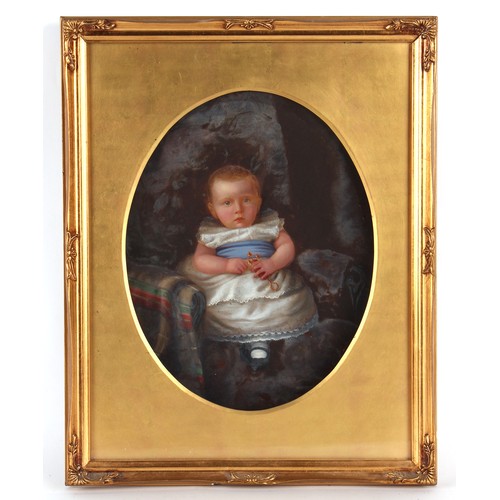 131 - Property of a deceased estate - late 19th century - PORTRAIT OF A CHILD HOLDING A BABY'S RATTLE - go... 