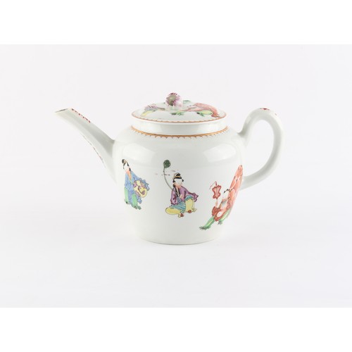 34 - Property of a lady - a First Period Worcester teapot, circa 1765, painted in polychrome enamels with... 