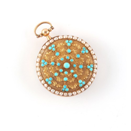 28 - A 19th century Continental yellow gold mid size pocket watch, set with turquoise & seed pearls, mark... 