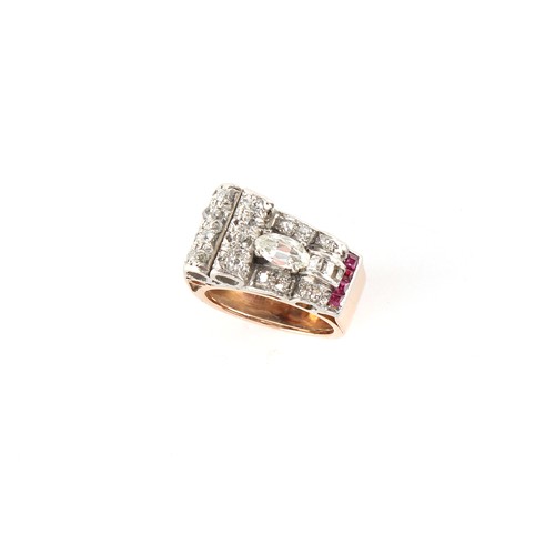 137 - Property of a lady - an 18ct yellow gold mixed cut diamond & ruby buckle ring, approximately 9.6 gra... 