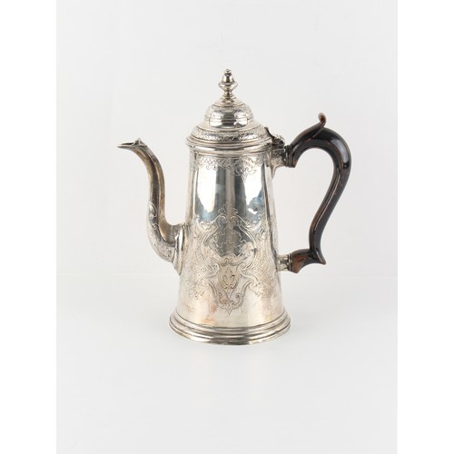 211 - Property of a gentleman - a Queen Anne silver coffee pot, of tapering cylindrical form, later chased... 