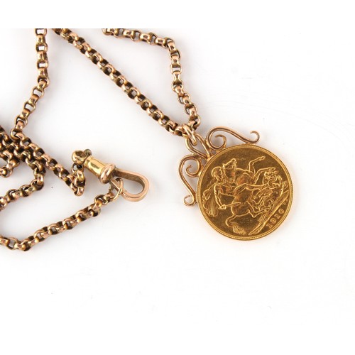 54 - Property of a gentleman - a 1910 Edward VII gold full sovereign, mounted as a pendant on 9ct gold ch... 