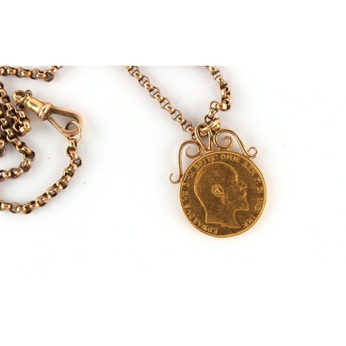 54 - Property of a gentleman - a 1910 Edward VII gold full sovereign, mounted as a pendant on 9ct gold ch... 