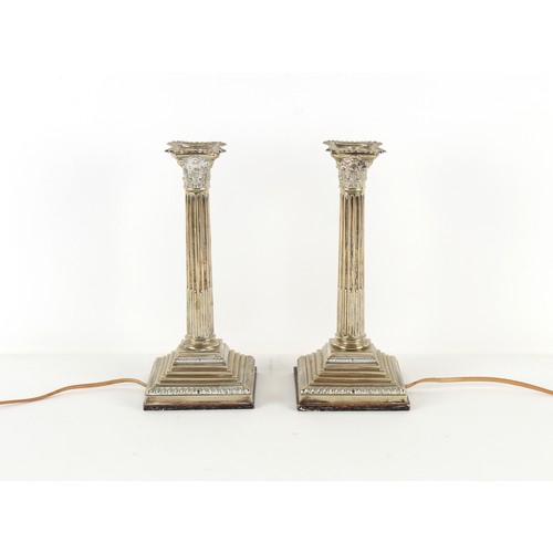 180 - Property of a gentleman - a pair of silver plated Corinthian column table lamps, wired but with no b... 