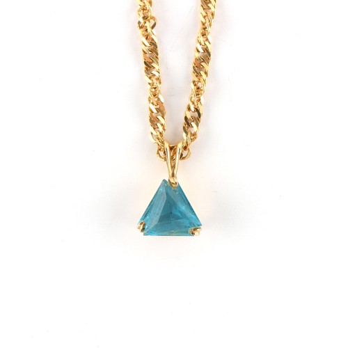 27 - Property of a deceased estate - an 18ct yellow gold pendant set with a triangular cut pale blue gems... 