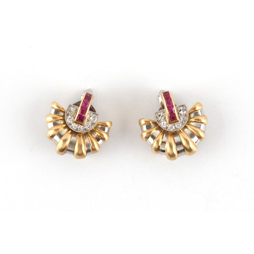 139 - A pair of early 20th century Art Deco period two colour gold earrings set with square cut rubies & s... 