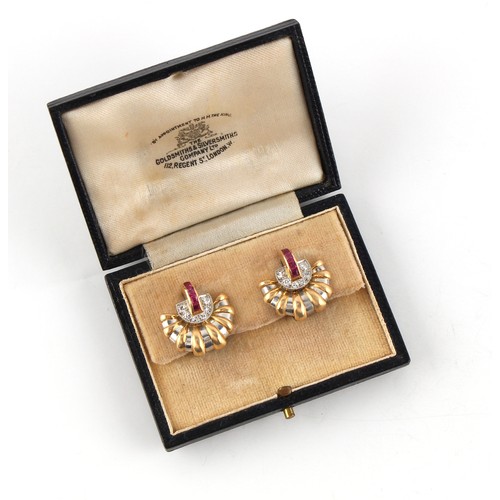 139 - A pair of early 20th century Art Deco period two colour gold earrings set with square cut rubies & s... 