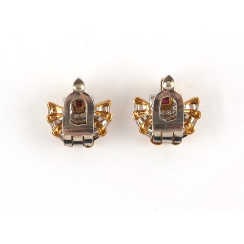 139 - A pair of early 20th century Art Deco period two colour gold earrings set with square cut rubies & s... 